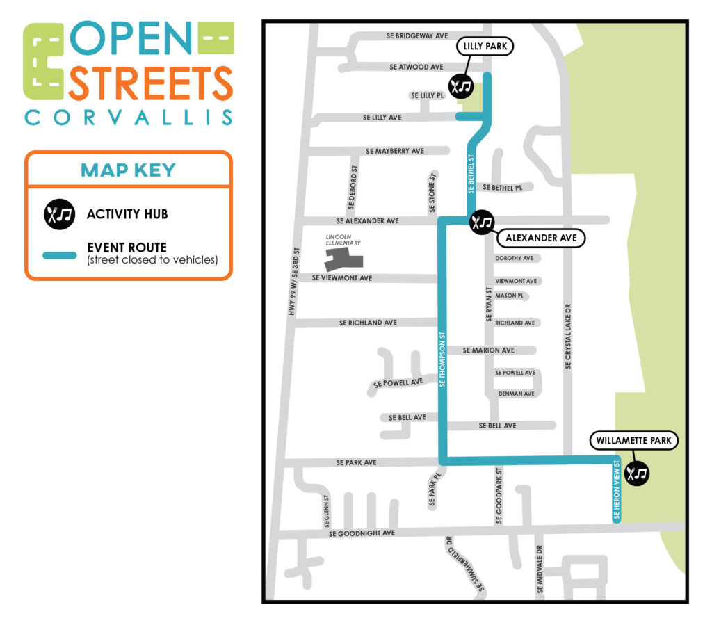 Map of Open Streets Corvallis activity map. The 2025 route travels between Lilly Park and Willamette Park