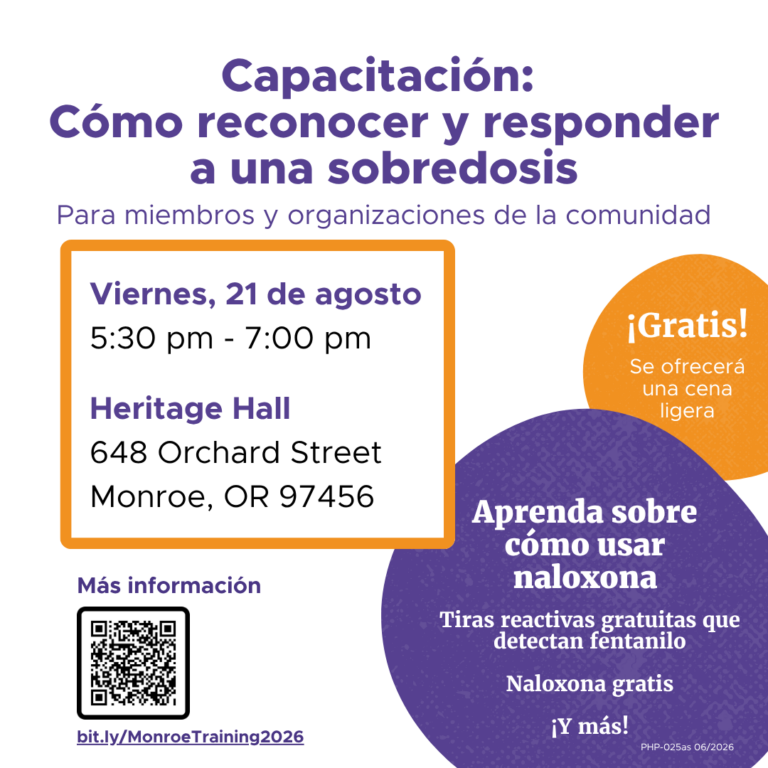 Volante para el entrenamiento en reconocimiento y respuesta ante sobredosis con gráficos de círculos y recuadros en naranja y morado.