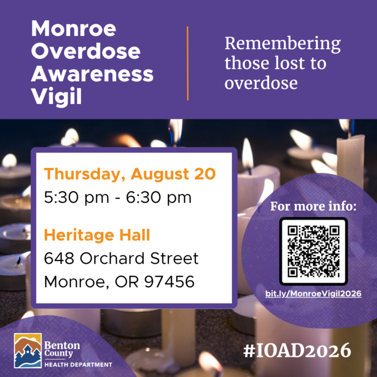 Purple and orange colors over a background of lit white pillar candles. Text reads: Remembering those lost to overdose