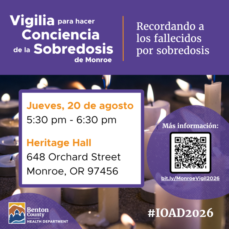 Colores morado y naranja sobre un fondo de velas blancas encendidas. El texto dice: "Recordando a los fallecidos por sobredosis"