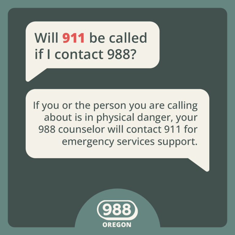Will 911 be called if I contact 988? If you or the person you are calling about is in physical danger, your 988 counselor will contact 911 for emergency services support.