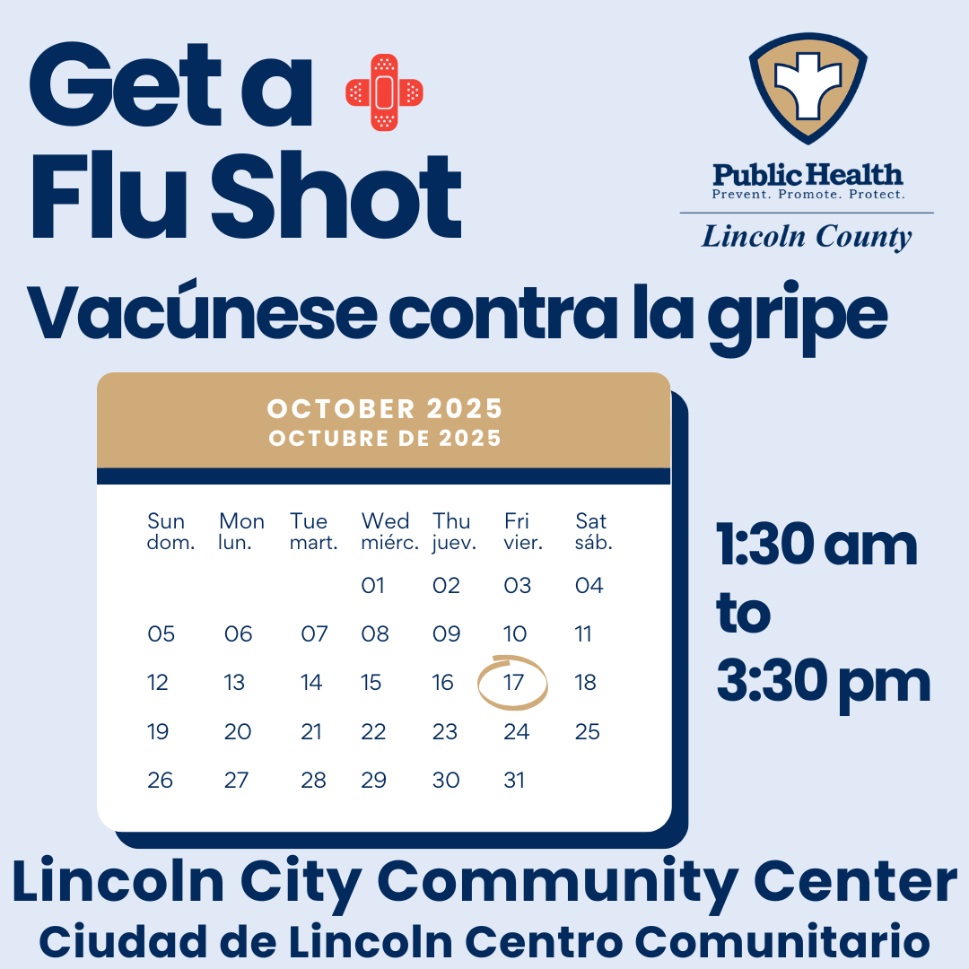Flu shot event flyer featuring a calendar highlighting October 17, 2025, at 1:30-3:30 pm at Lincoln City Community Center.