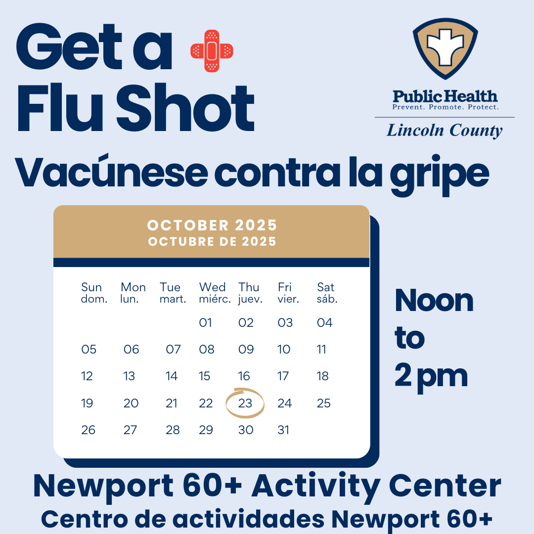 Bilingual flu shot promotion poster for October 23, 2025, at Newport 60+ Activity Center, noon to 2 pm.