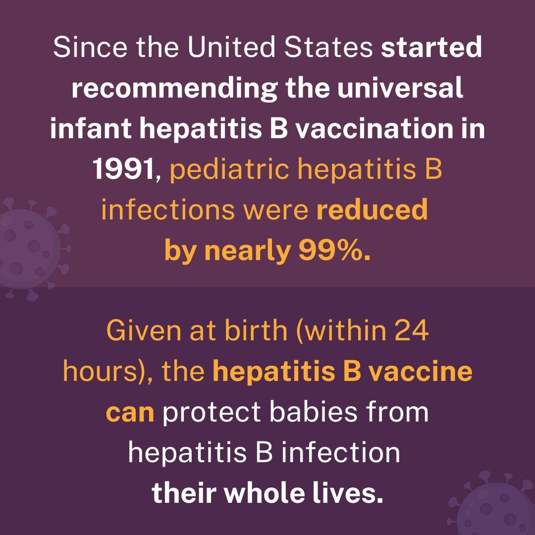 Since the United States started recommending the universal infant hepatitis B vaccination in 1991, pediatric hepatitis B infections were reduced by nearly 99%. Given at birth (within 24 hours), the hepatitis B vaccine can protect babies from hepatitis B infection their whole lives.