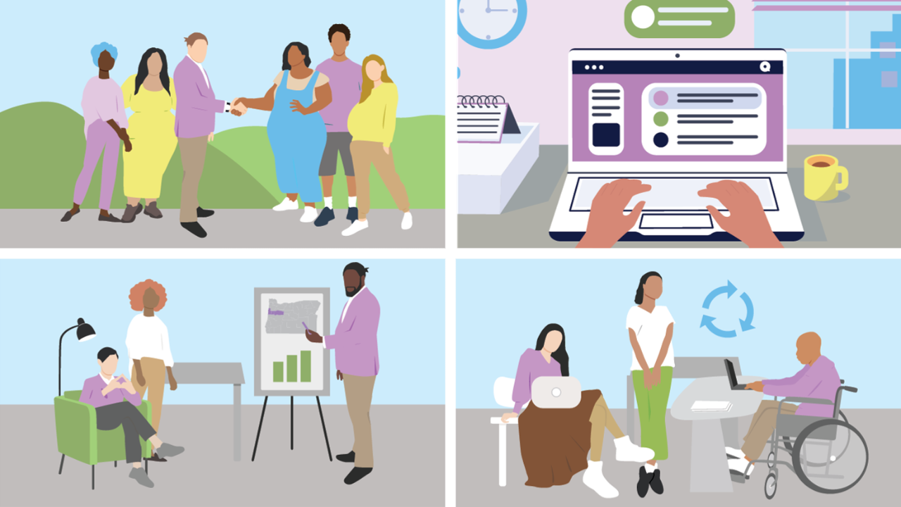 A collage of four scenes: people shaking hands outdoors, typing on a laptop, a business meeting, and a group working indoors with one person in a wheelchair.