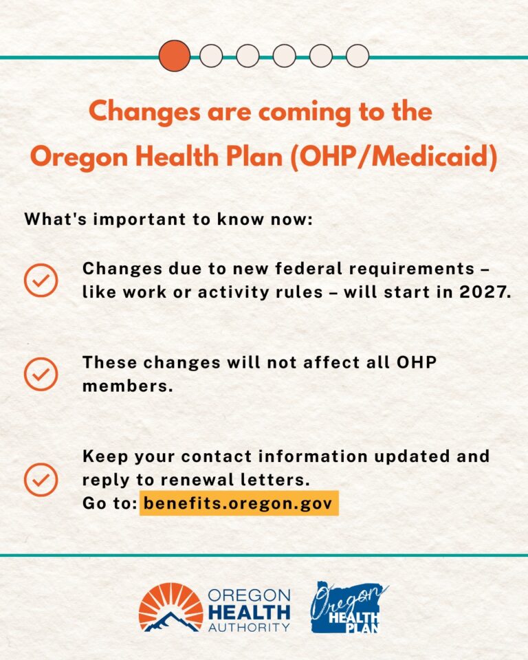 Announcement about changes to the Oregon Health Plan with details and contact information.  Transcribed Text:  Changes are coming to the Oregon Health Plan (OHP/Medicaid)  What's important to know now:  Changes due to new federal requirements – like work or activity rules – will start in 2027.
These changes will not affect all OHP members.
Keep your contact information updated and reply to renewal letters. Go to: benefits.oregon.gov