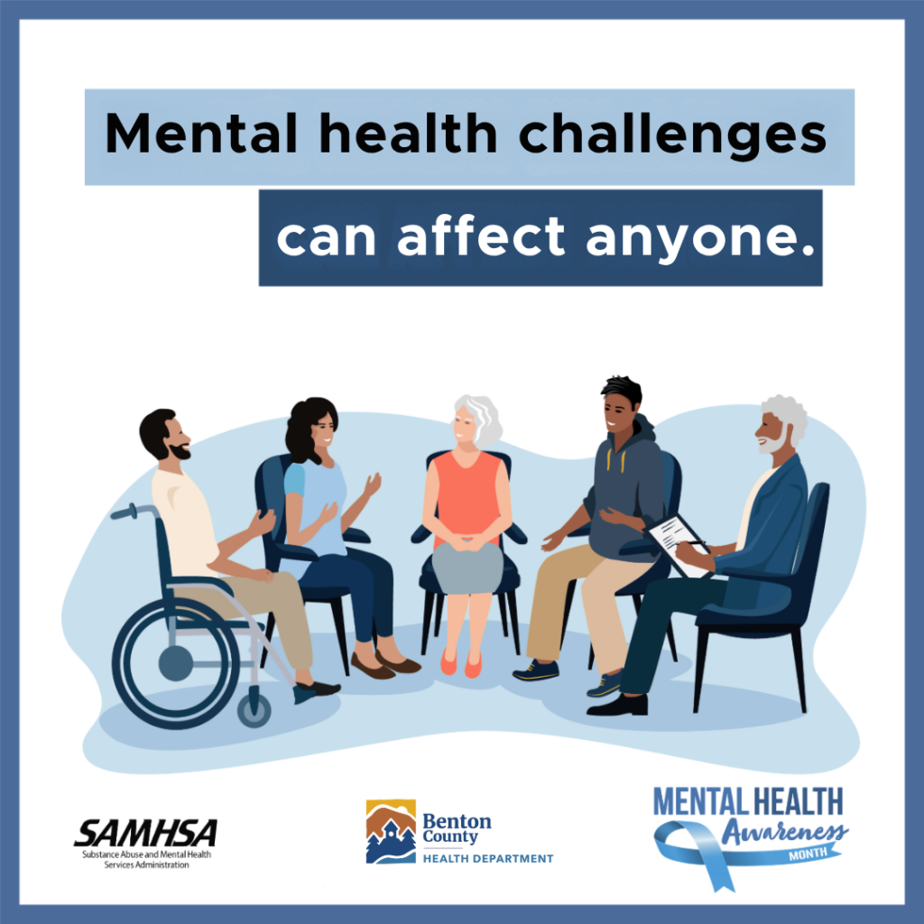 Diverse group in a mental health support session with text emphasizing mental health challenges affect everyone.